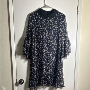 CeCE Floral Ruffle Sleeve Navy Dress size medium